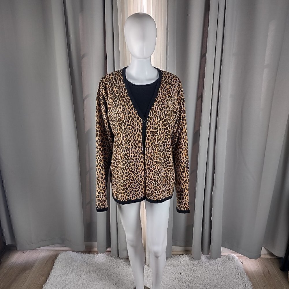 Croft & Barrow Brown Pullover One Button Long Sleeve Animal Print Sweater Sz XL